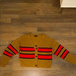 Striped Beige, Red, and Black Cardigan Sweater